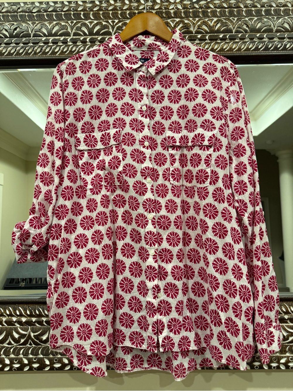 GAP Factory Red and White Floral-Pattern Button Shirt